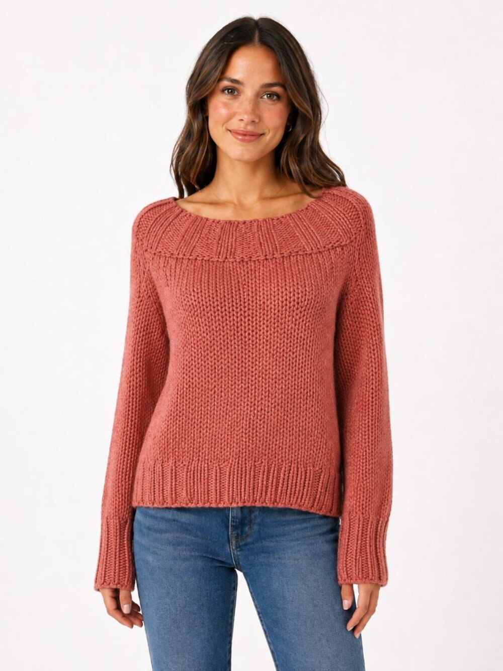 Free People Rose Pink Chunky Knit Boat Neck Cotton Blend Sweater‎